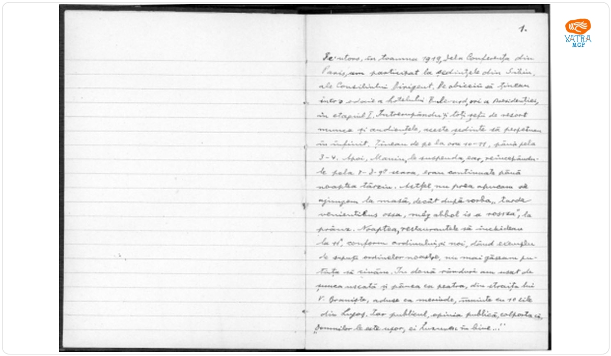 A.Vaida Voevod - caiet II; relatări despre prima Cameră a României Mari și primul guvern; relatări de la Conferința de Pace de la Paris, 1919