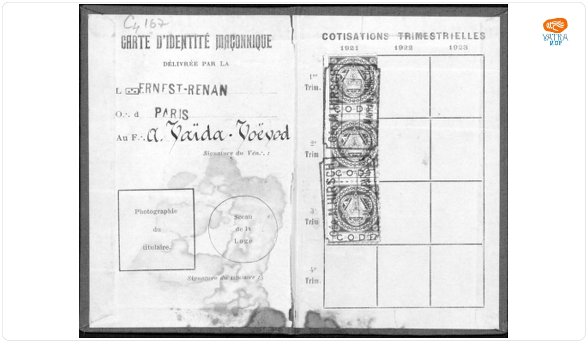 Loja „Ernest Renan”, Paris, pe numele lui A. Vaida Voevod, 1921-1923