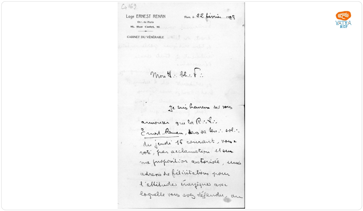 Adresată lui A. Vaida Voevod în calitate de mason de către Loja „Ernest Renan” din Paris, 22 februarie 1928