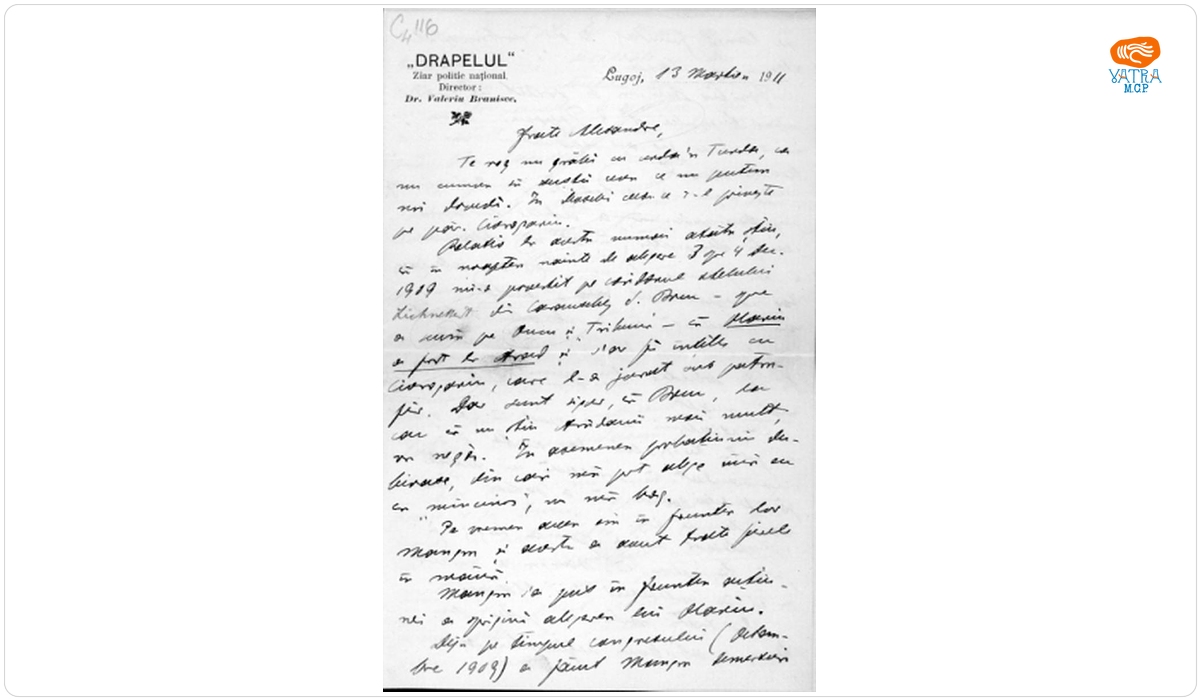 Valeriu Braniște către A. Vaida Voevod, 13 noiembrie 1911; probleme de organizare a mișcării naționale