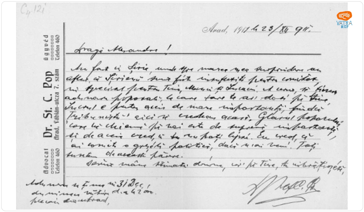 Ștefan Cicio Pop către A. Vaida Voevod, Arad, 23 decembrie 1911, în problema organizării unei adunări la Șiria, Arad