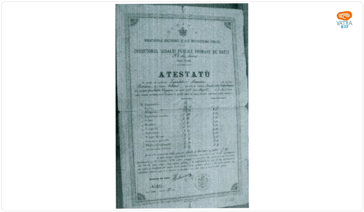 Atestat de absolvire a școlii publice primare din Sărărie, Iași, al lui Alexandru I. Lapedatu