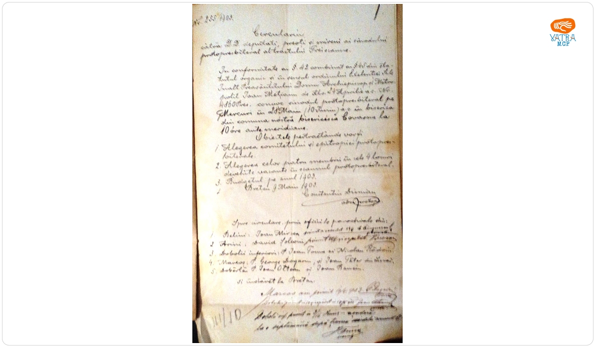 Circulară adresată de Constantin Dimian, adm. protopr., membrilor sinodului Protopopiatului ortodox Trei Scaune prin care sunt convocați la Covasna