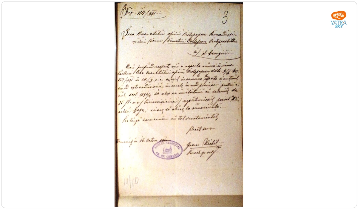 Adresă prin care preotul ortodox Ioan Zichil, din Ormeniș, înștiințează pe Dumitru Coltofean, protopopul de Trei Scaune, în legătură cu alegerea învățătorului în Apața