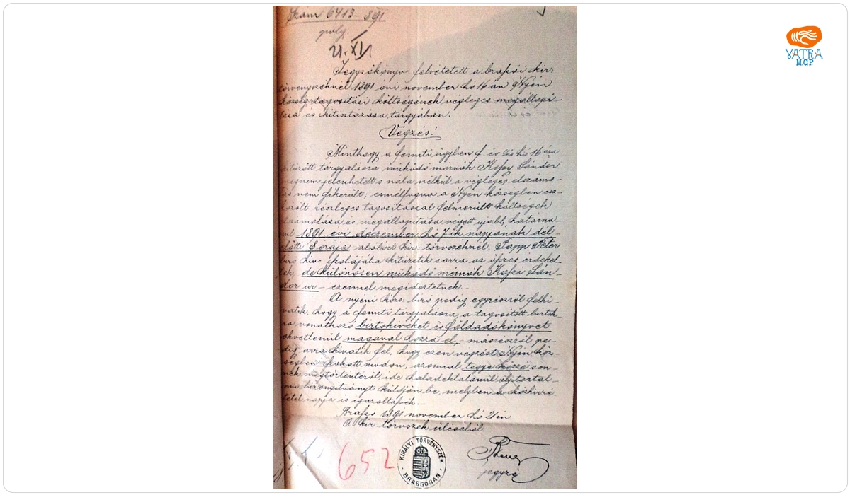 Hotărâre a Tribunalului Brașov, luată în ședința din 16 noiembrie 1891, în legătură cu clarificarea și stabilirea definitivă a cheltuielilor legate de comasare în Teliu