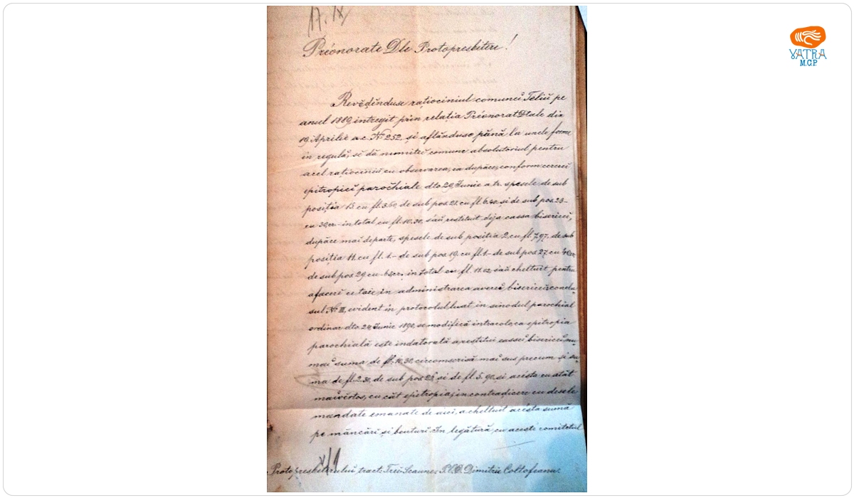 Adresa Consistoriul arhidiecezan comunică protopopului de Trei Scaune, Dimitrie Coltofean, că s-a aprobat, cu observații, „ rațiocinul” comunei Teliu, pe anul 1889