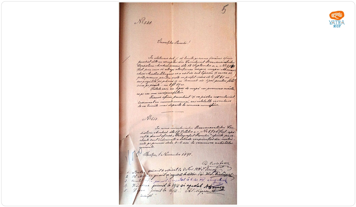 Adresa protopopul Dimitrie Coltofean trimite oficiilor parohiale circularele Consistoriului arhidiecezan din 12 septembrie și 17 octombrie 1891