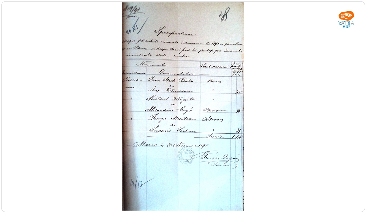 Mențiune despre cununații, în anul 1891, în parohia ortodoxă Mărcuș și taxa încasată de la ei