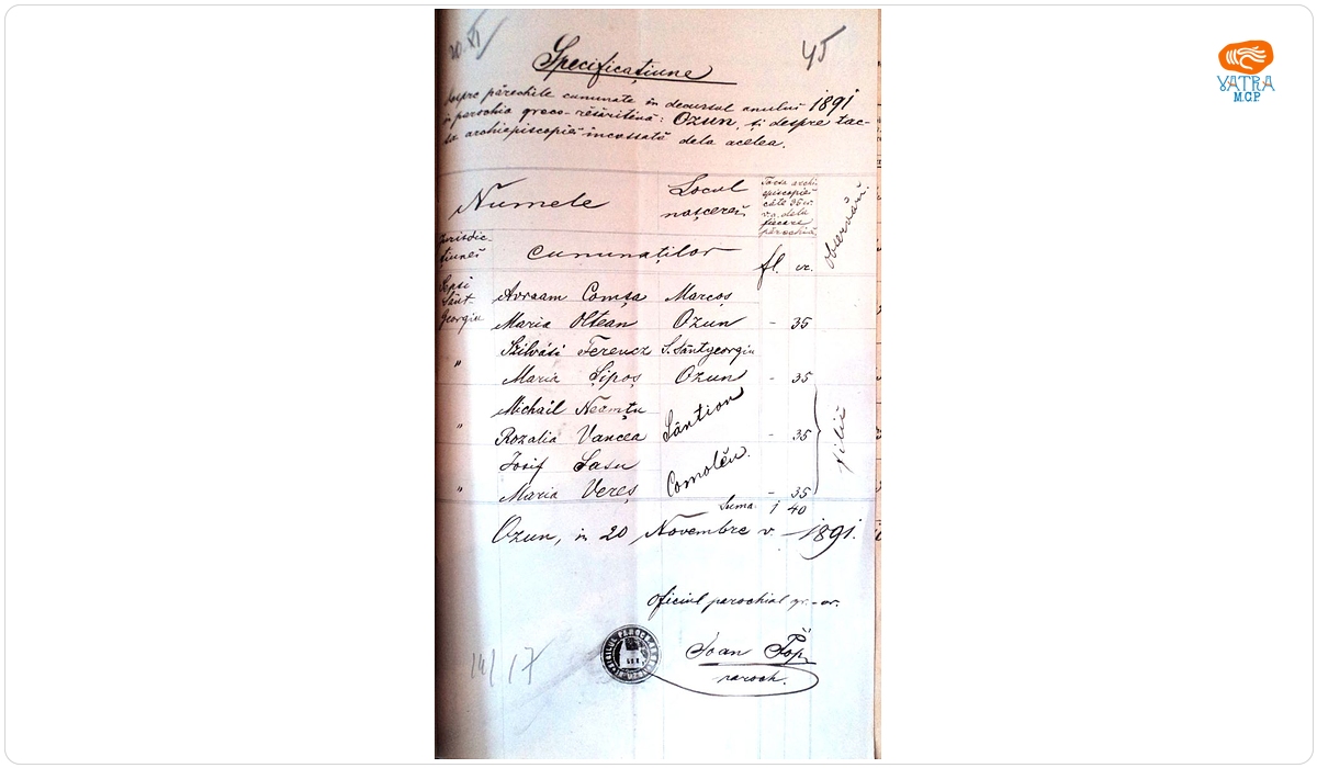 Mențiune despre cununații, în anul 1891, în parohia ortodoxă Ozun și taxa încasată de la ei