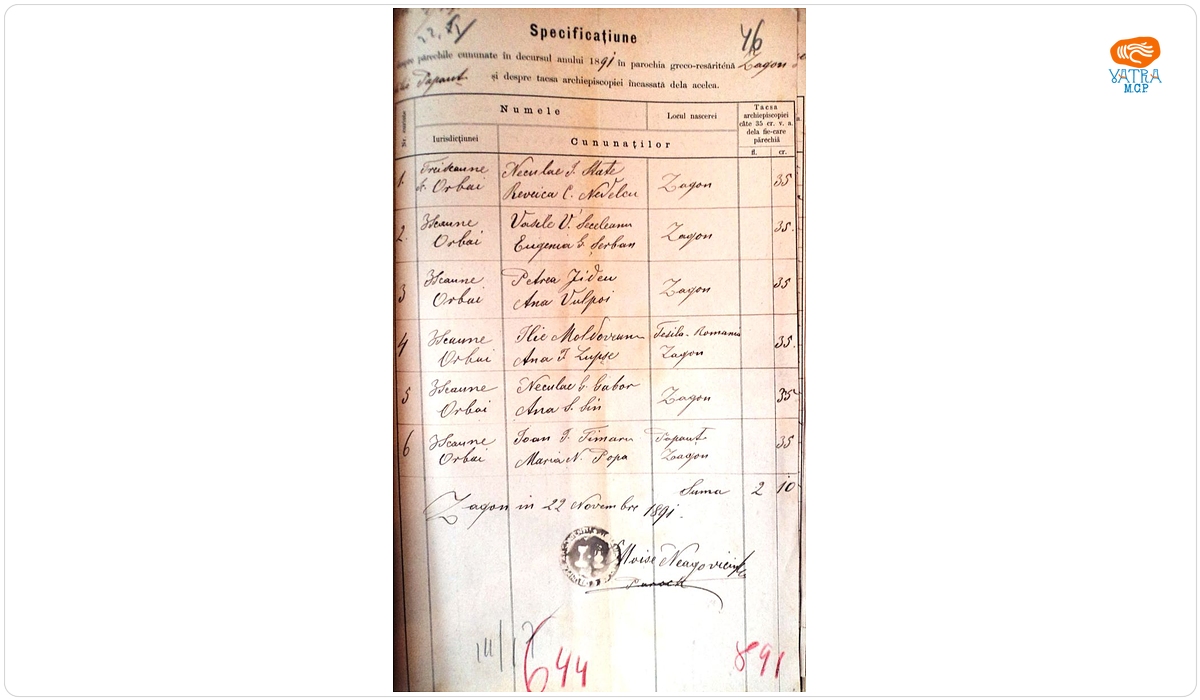 Mențiune despre cununații, în anul 1891, în parohia ortodoxă Zagon și taxa încasată de la ei