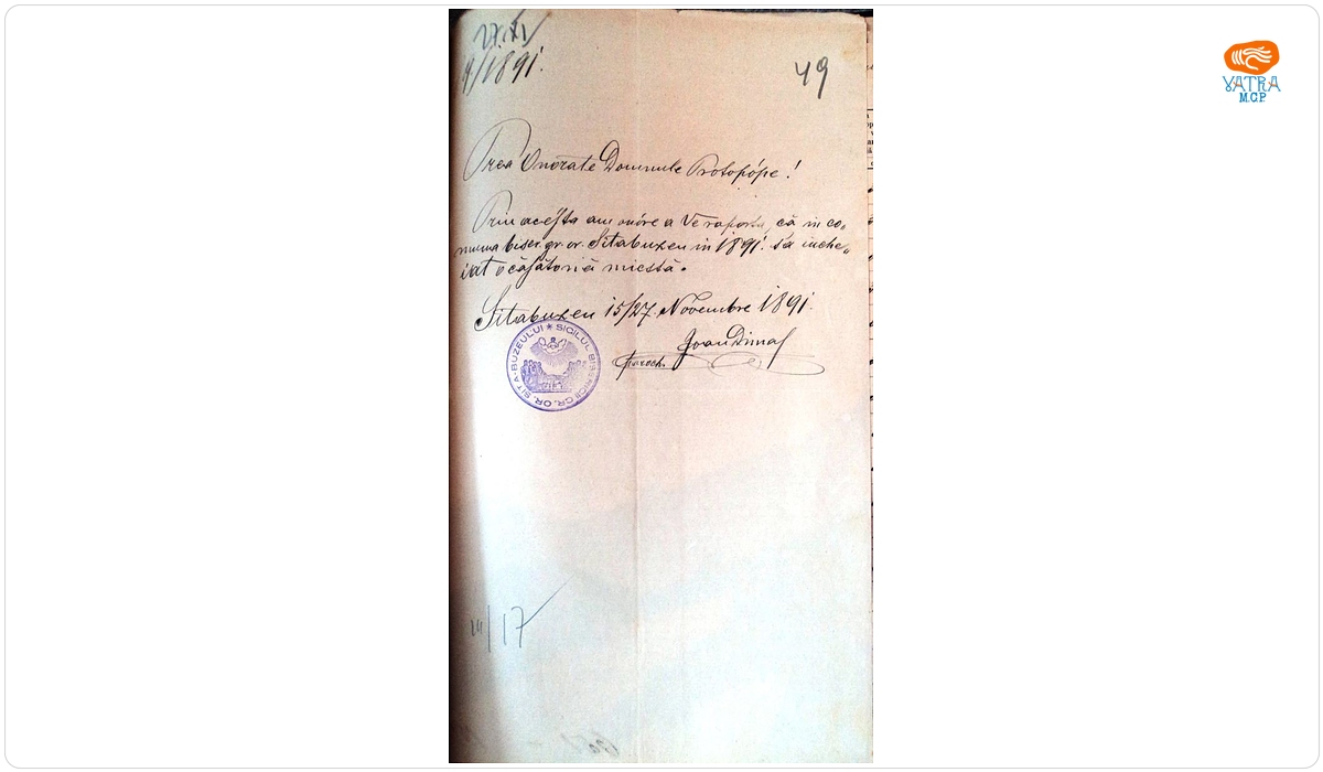 Document privind numărul căsătoriilor mixte în parohia ortodoxă Sita Buzăului în anul 1891