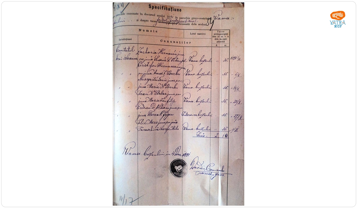 Mențiune despre cununații, în anul 1891, în parohia ortodoxă Vama Buzăului și taxa încasată de la ei