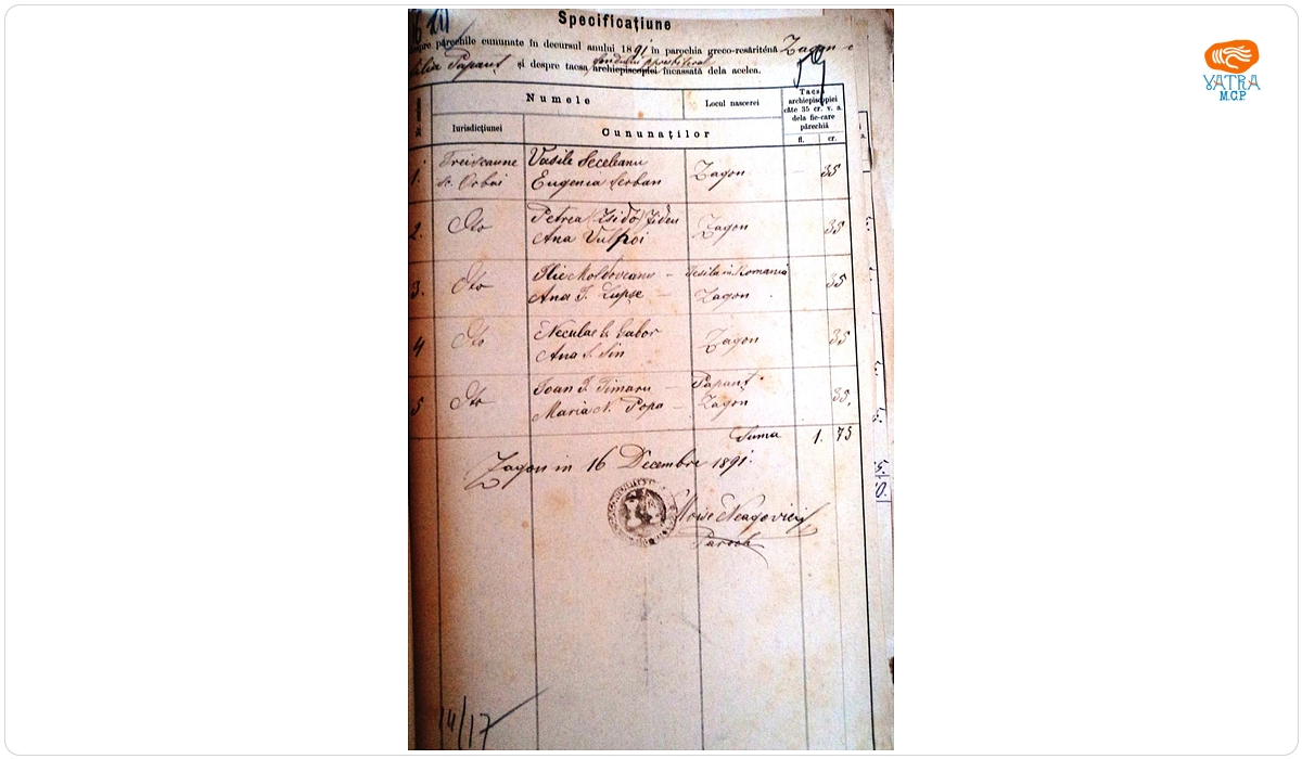Mențiune despre cununații, în anul 1891, în parohia ortodoxă Zagon, filia Păpăuț, și taxa încasată de la ei
