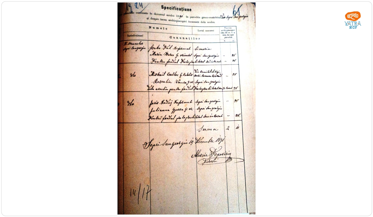 Mențiune despre cununații, în anul 1891, în parohia ortodoxă Sfântu Gheorghe și taxa încasată de la ei