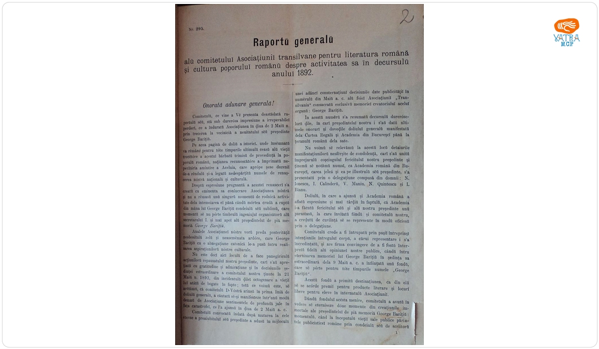 Raport al comitetului Asociației Transilvane pentru Literatura Română și Cultura Poporului Român (ASTRA) despre activitatea pe anul 1892