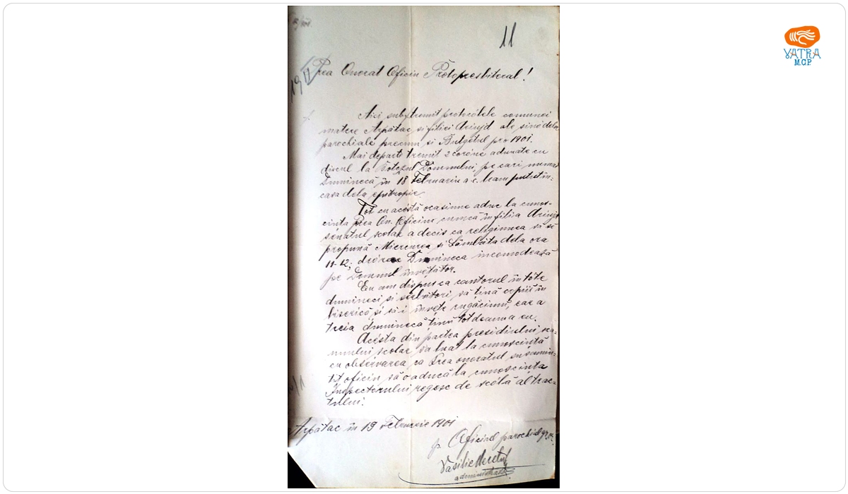 Adresă de înaintare a unor protocoale și bugetul pe anul 1901 a parohiei Araci și filia Ariușd și informare cu privire la orele de religie