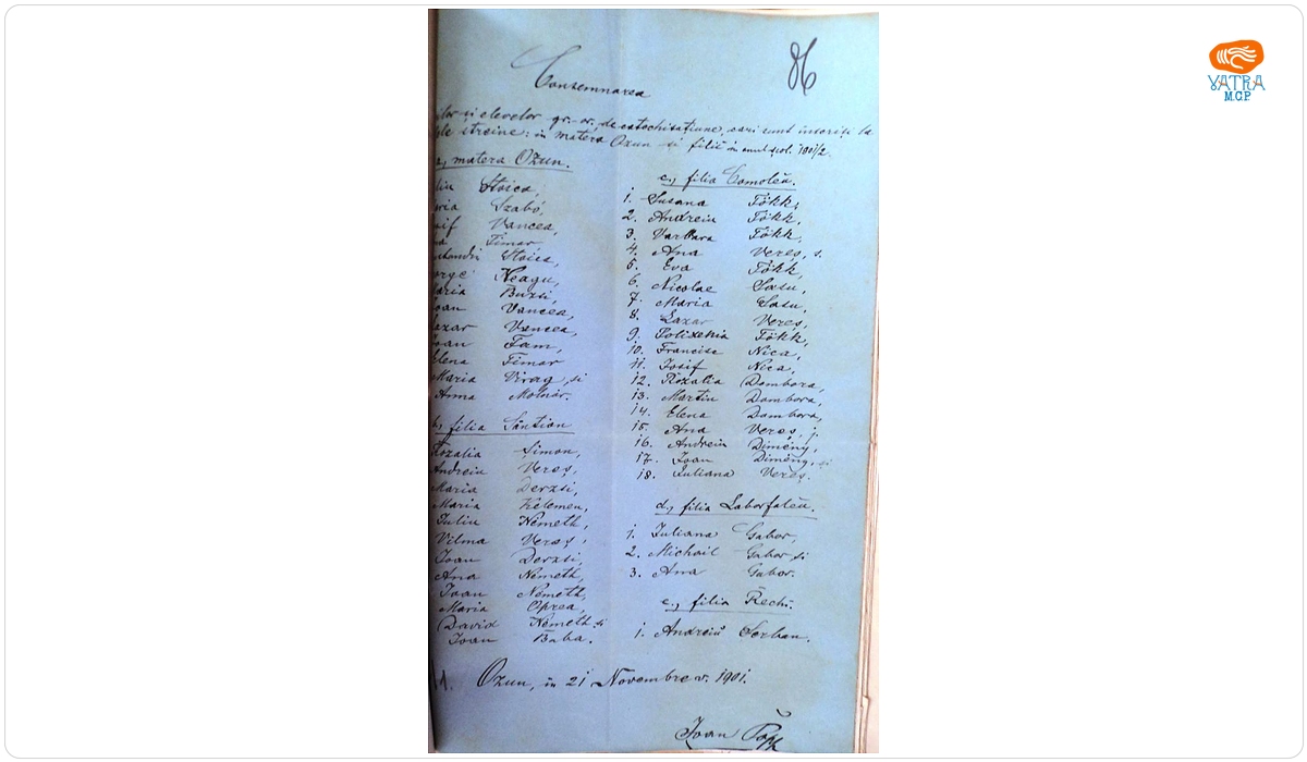Consemnare referitoare la elevii ortodocși „de catechisațiune care sunt înscriși la școli străine” ,în Ozun și filii , în anul școlar 1901/1902
