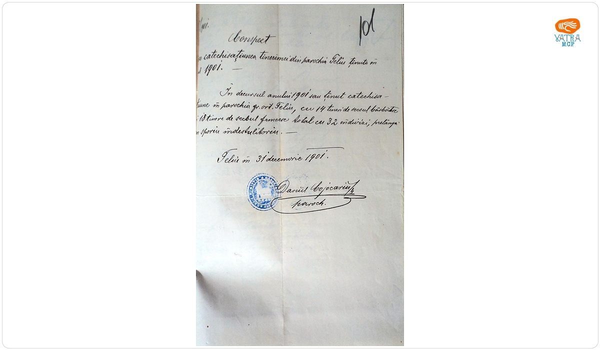 Conspect referitor la catehizarea tinerilor din parohia Teliu în anul 1901