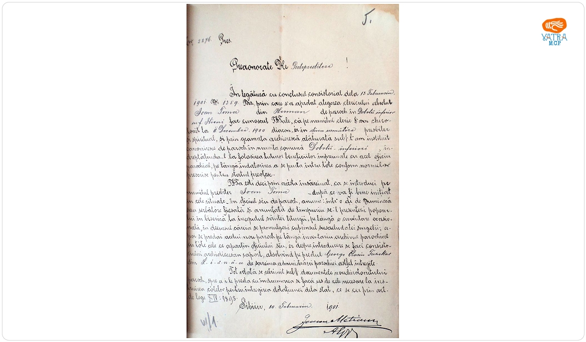 Adresă referitoare la aprobarea alegerii clericului Ioan Toma, din Hărman, paroh în Dobolii de Jos