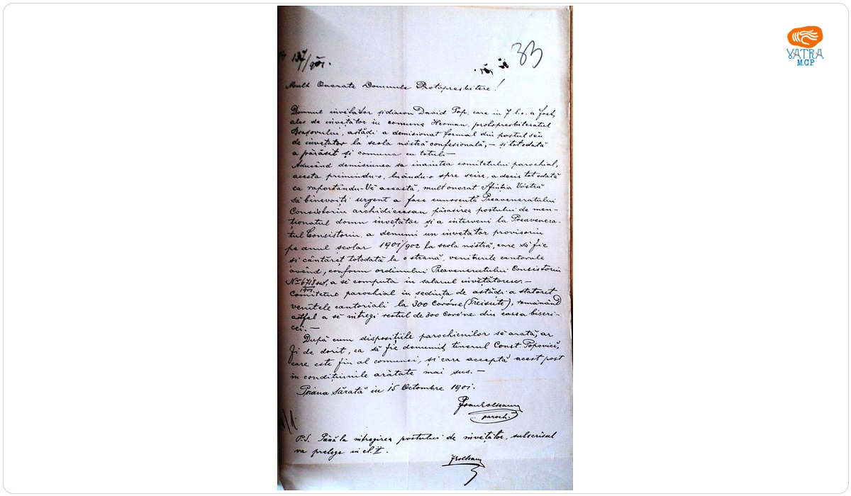 Se comunică protopopului demisia învățătorului și se solicită a se face demersurile pentru numirea unui nou învățător în Poiana Sărată
