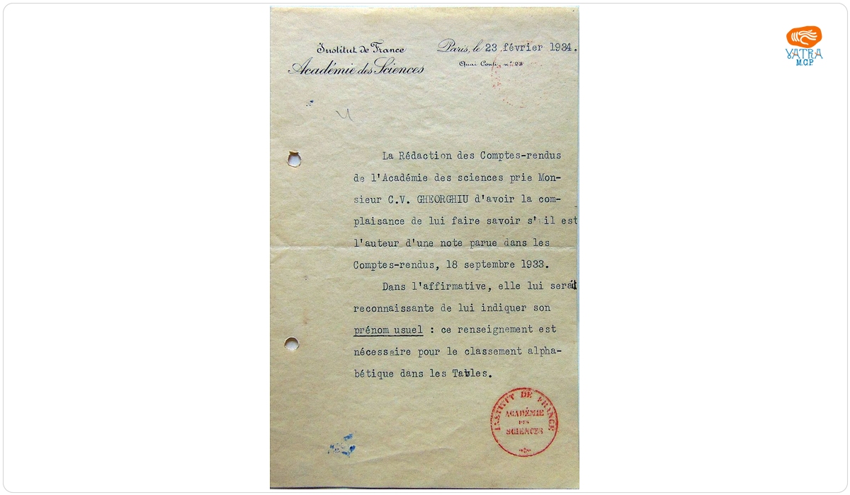 Scrisoare de la Institut de France, Academie des Sciences