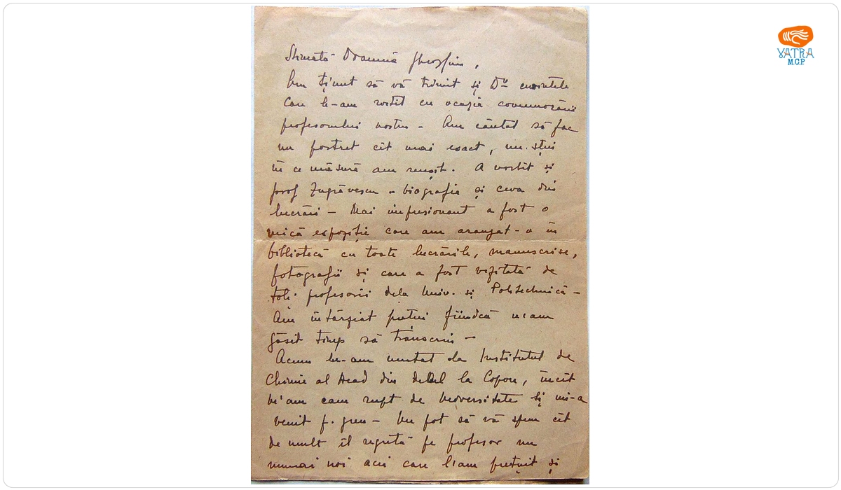 Scrisoare adresată doamnei Gheorghiu după moartea soțului ei, profesorul C.V. Gheorghiu