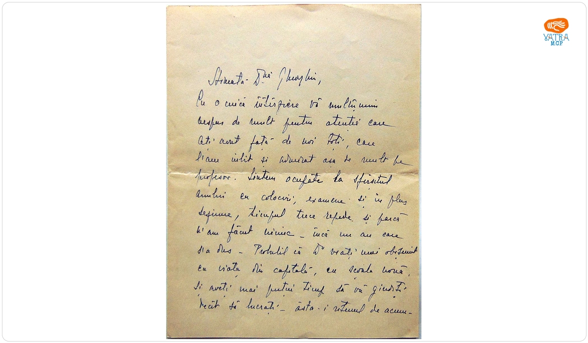 Scrisoare manuscris adresată Margaretei Gheorghiu