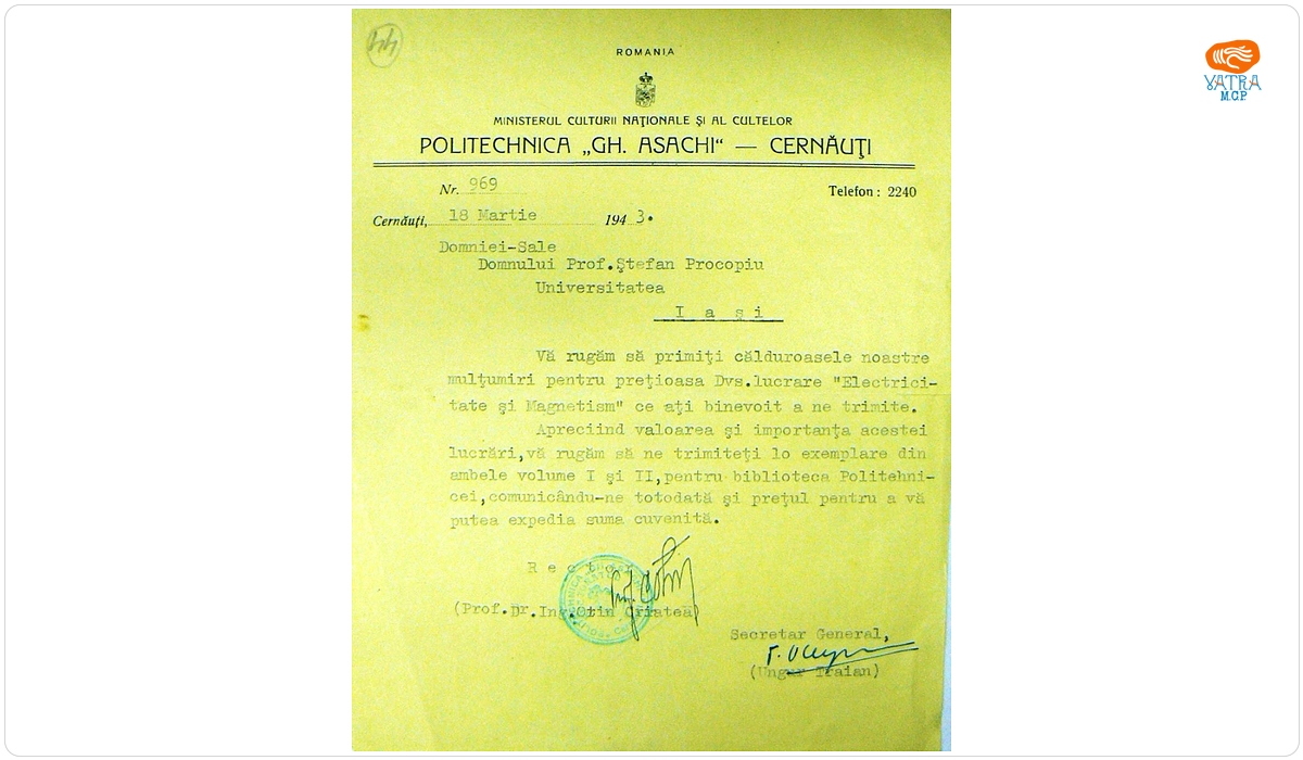 Prof. dr. ing. Otin Cristea către Ștefan Procopiu