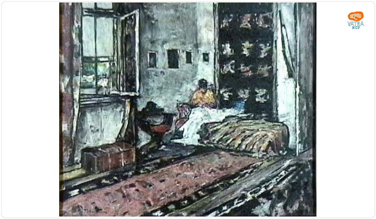 Gheorghe Petrașcu — Interior cu o femeie cosând