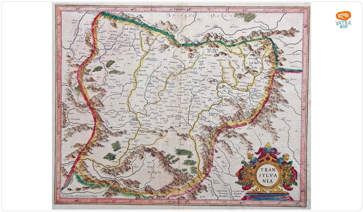 Gerard Mercator — Gerardus Mercator, Duisburg, Transilvania, c. 1590 (ed. Henricus Hondius, Amsterdam, 1628).