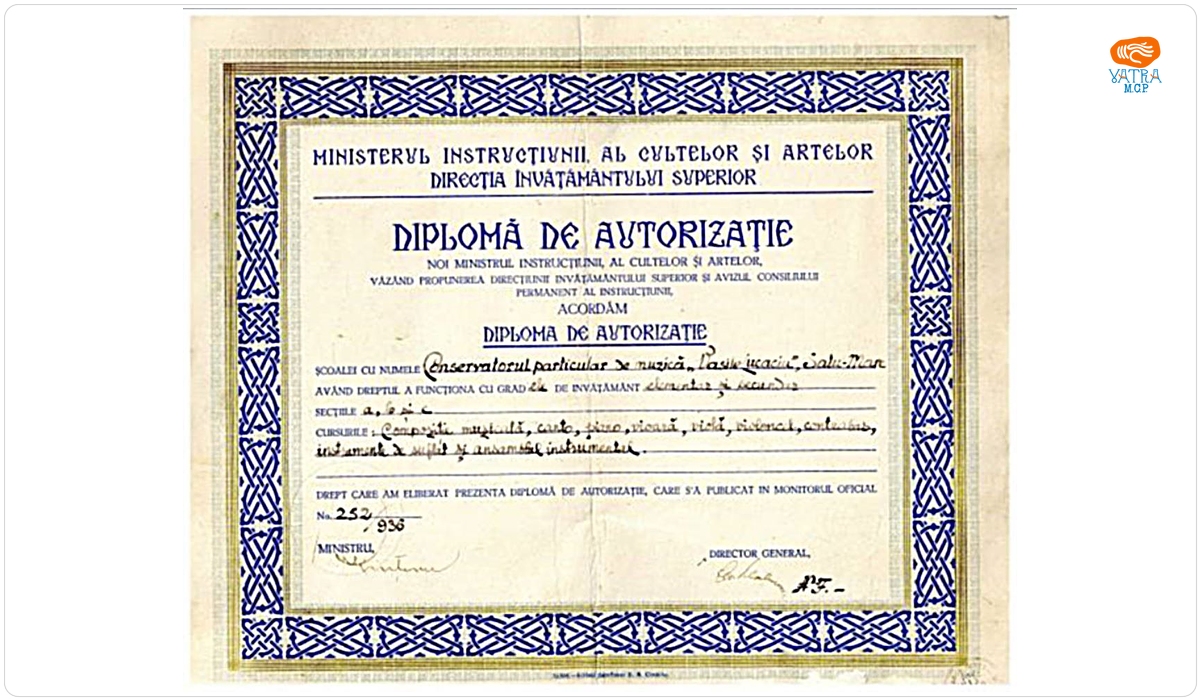 Diplomă de autorizație a Conservatorului particular de muzică „Vasile Lucaciu”