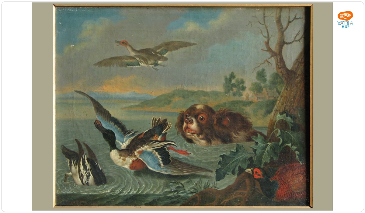Philipp Ferdinand Hamilton — Rațe sălbatice gonite de un câine flocos. Pandant: Rațe sălbatice gonite de un câine