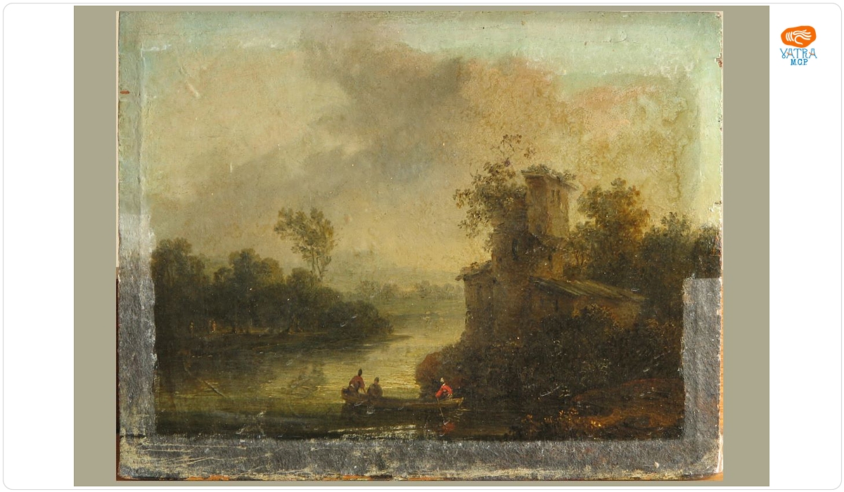 Johann Christian Brand — Peisaj cu râu și în dreapta castel cu ruine. Pandant: Peisaj cu râu și în stânga castel cu ruine