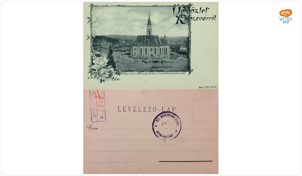 Cluj. Vedere generală a pieței Regele Matia cu catedrala romano-catolică Sfântul Mihail