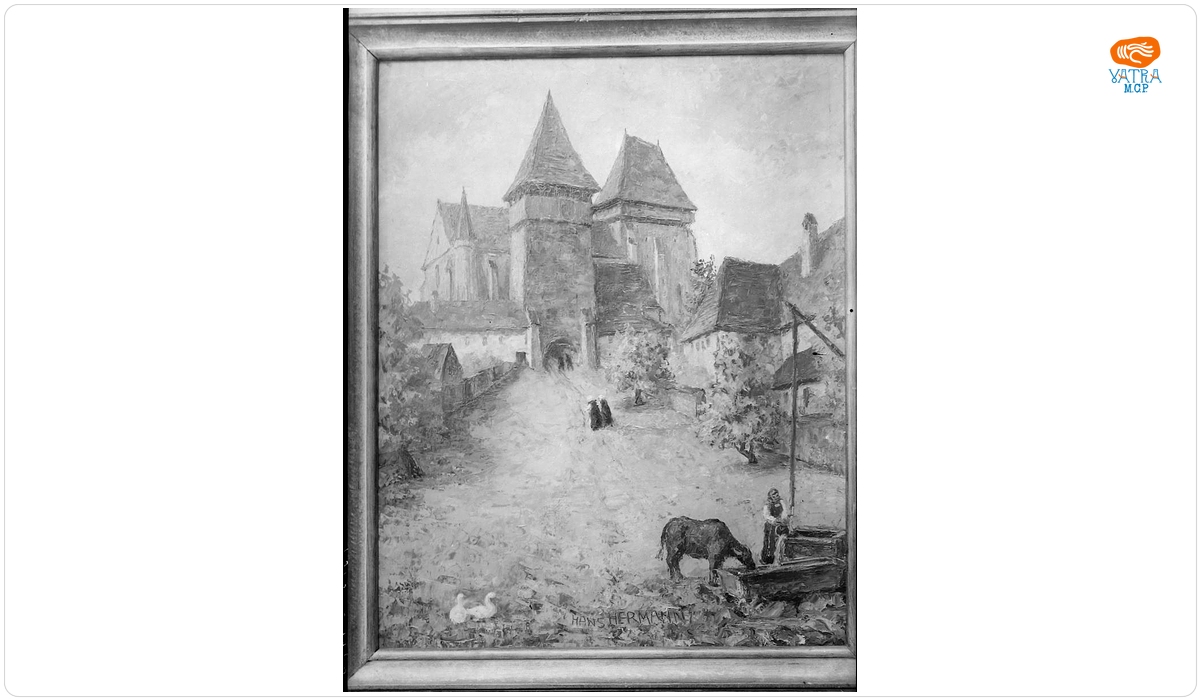 Biserica fortificată din Bazna - reproducere după un tablou de Hans Hermann.