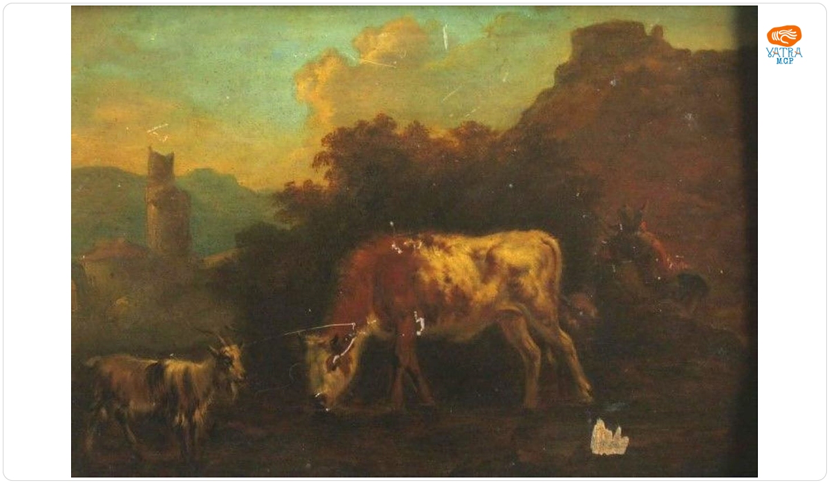 Dirck van Bergen — Vaca și capra la pârâu