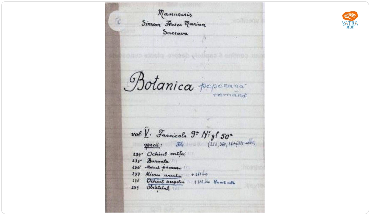 Botanica poporană română vol. V, fascicola 9, specii: Ochiul mâței, Baranța, Meiul păsăresc, Mierea ursului, Ochiul Șerpelui