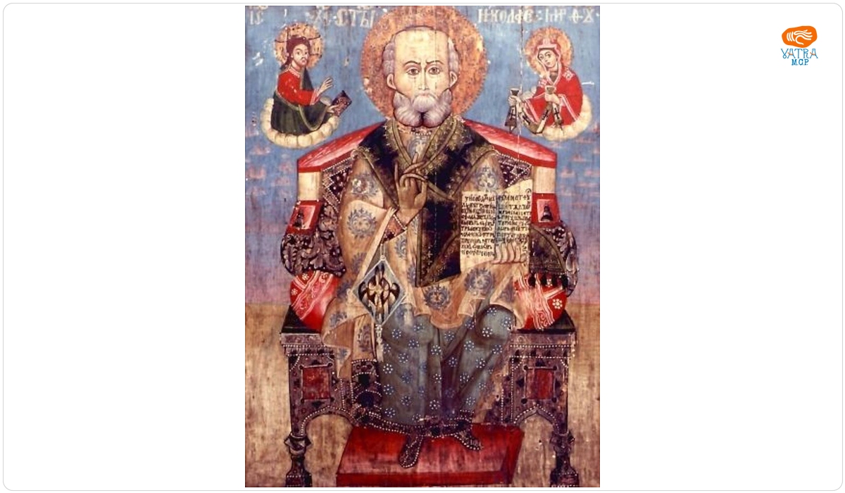 Sfântul Nicolae Mare Arhiereu tronând, primind însemnele episcopale